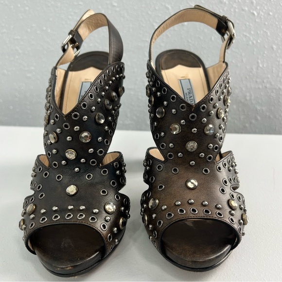 Prada Leather Studded Strappy Chocolate Block Heel Sandal Size 38.5 (US 8) - Picture 10 of 12